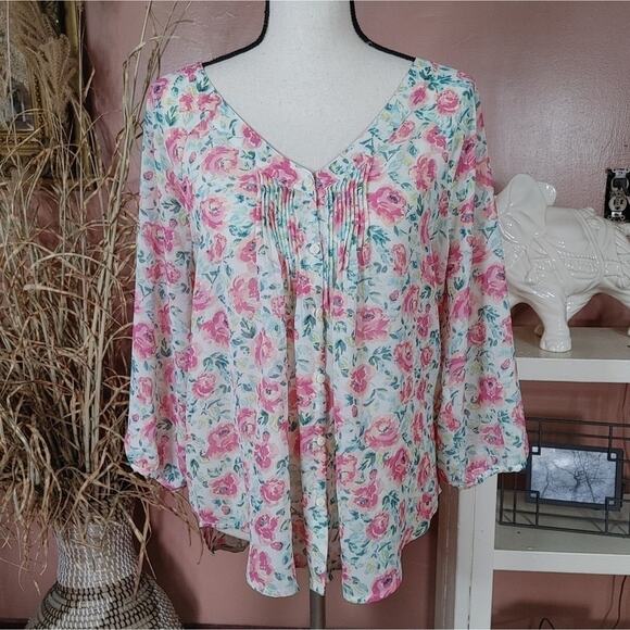 Lauren Conrad LC Sheer Size Medium M Floral Flower Button Up Blouse Top - Picture 1 of 12